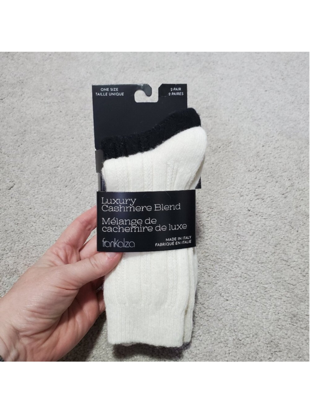 FRANKALZA NWT Luxury Cashmere Blend Cable Knit Socks 2 Pairs Blk Ivry Women's OS